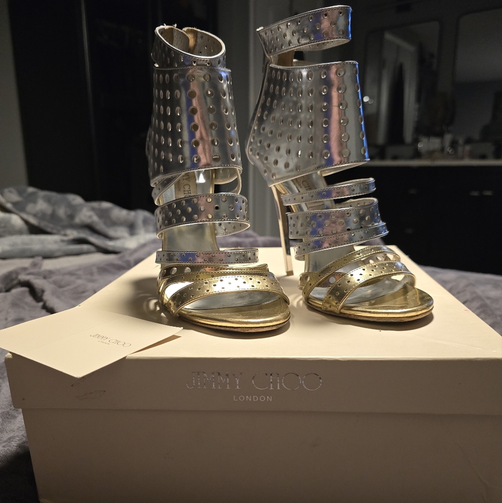 JIMMY CHOO Silver & Gold Metallic Ankle Caged Stilettos - Picture 2 of 14